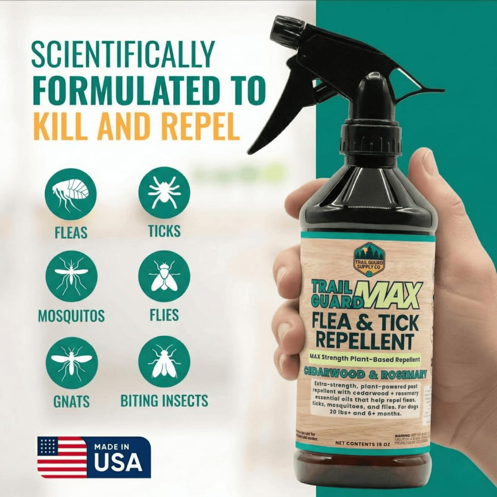 Trail Guard Max label highlighting cedarwood and rosemary natural ingredients