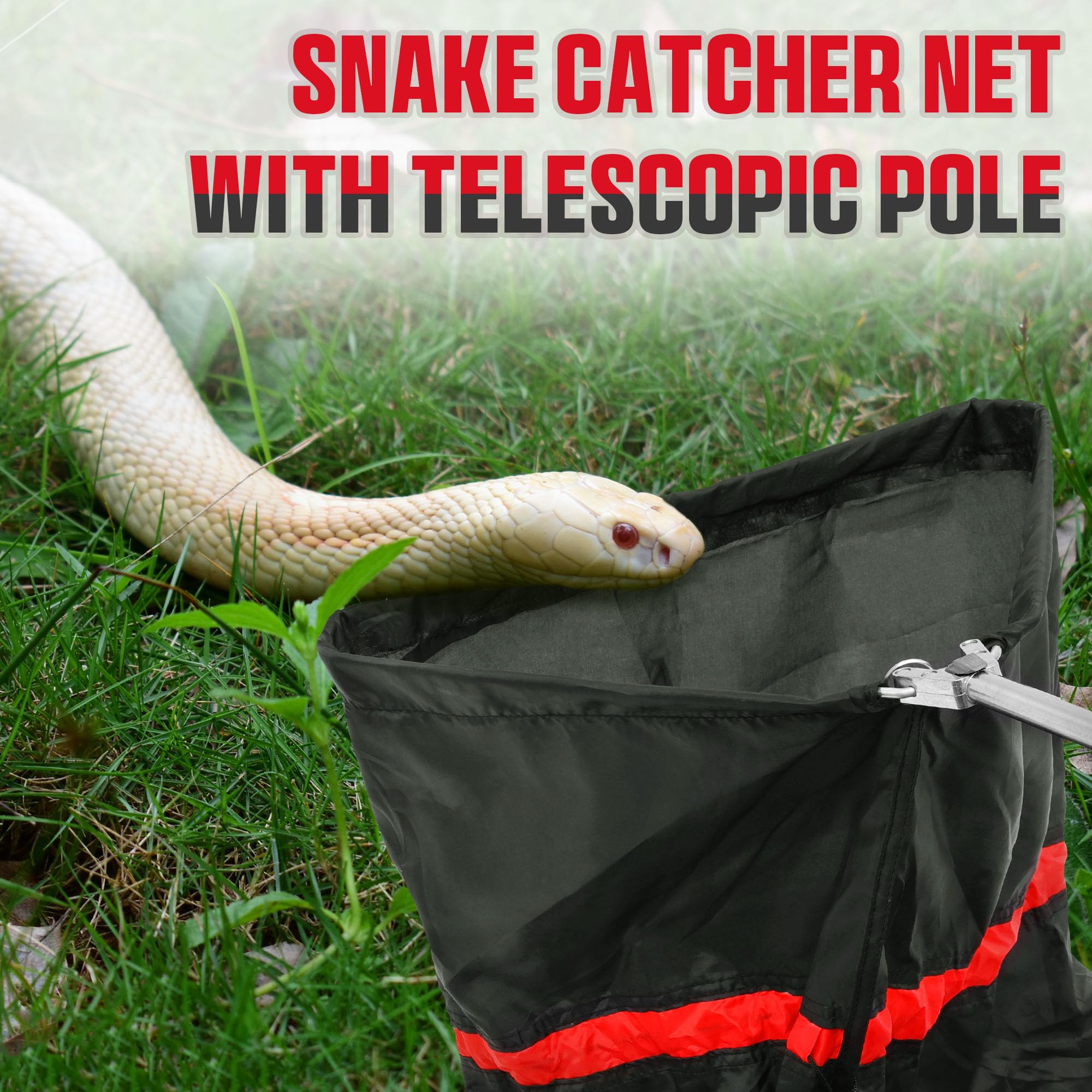Trakem snake catcher net with drawstring seal helps secure snakes.