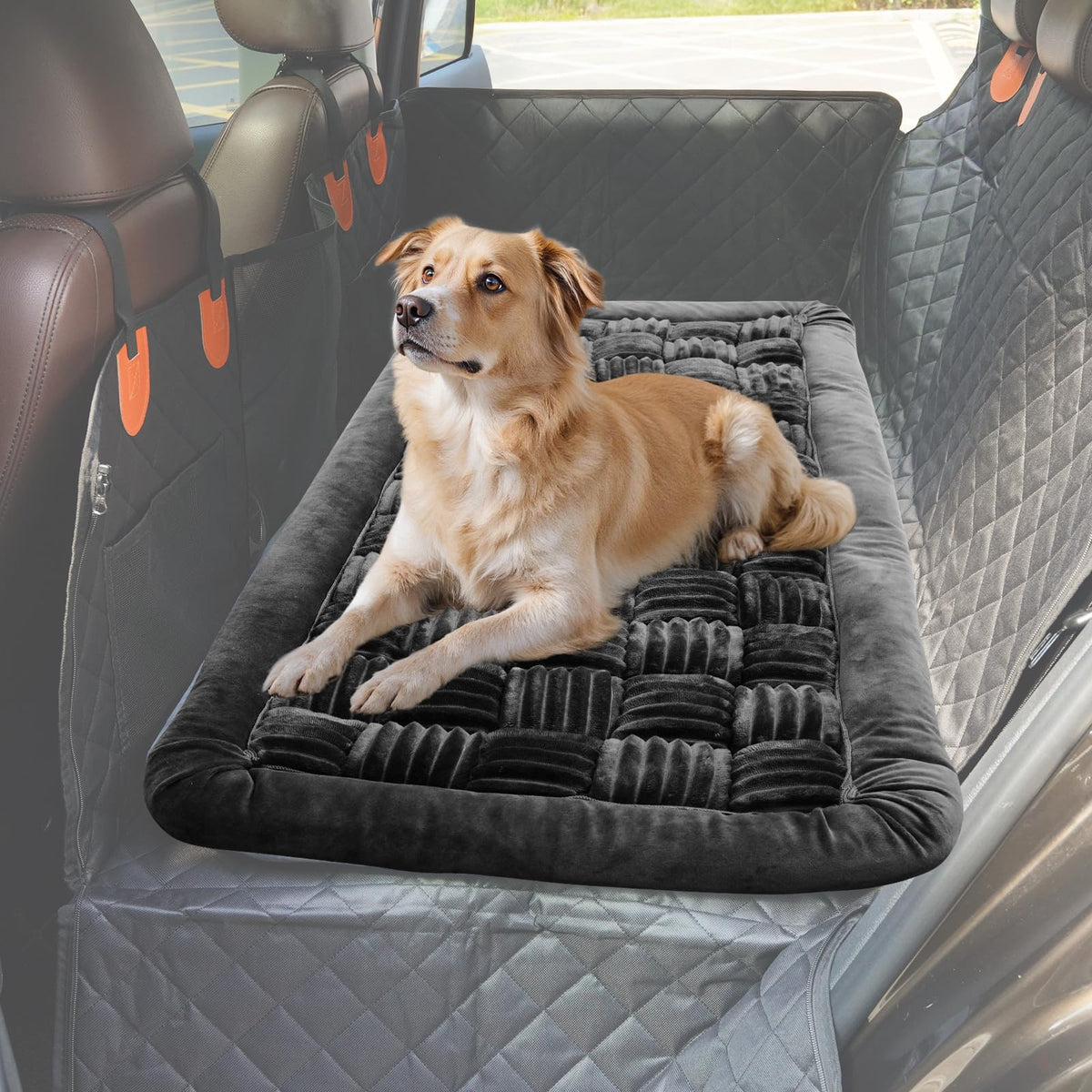 Tranquitas backseat pet bed mat shows soft flannel for cozy car rides and comfort.