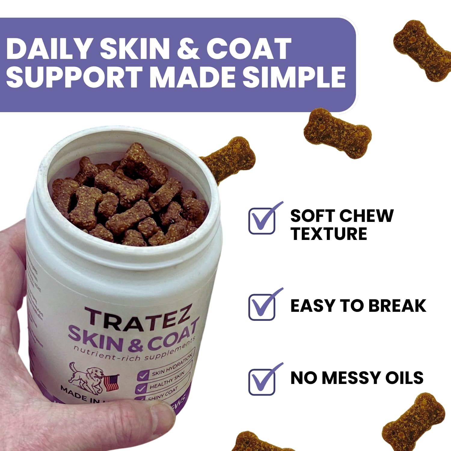 TRATEZ dog bowl with soft chews for easy daily administration.