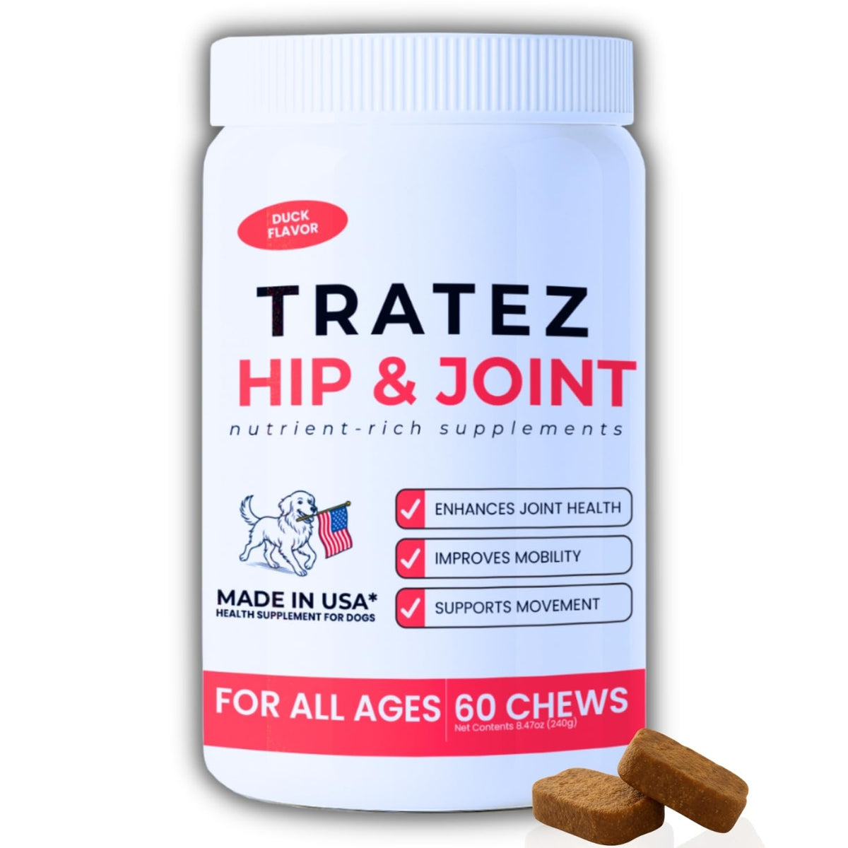 TRATEZ dog hip and joint soft chews bottle pour supports easy daily serving