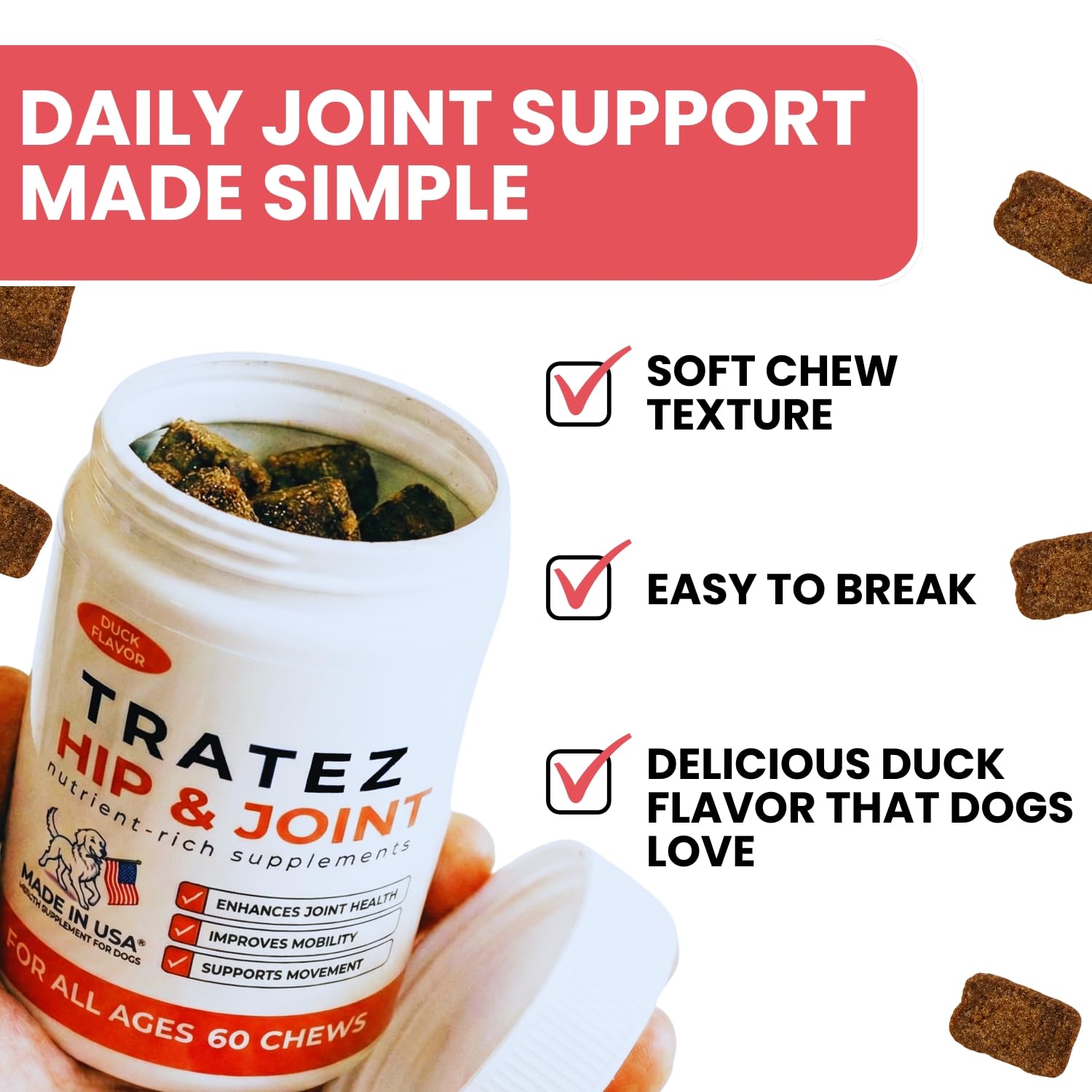 TRATEZ dog resting after walk illustrates post-activity relief with daily chews