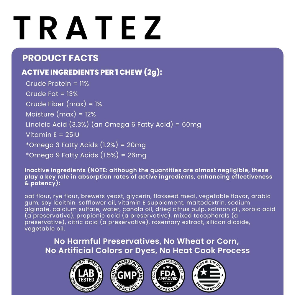 TRATEZ open jar with chews beside an active dog.