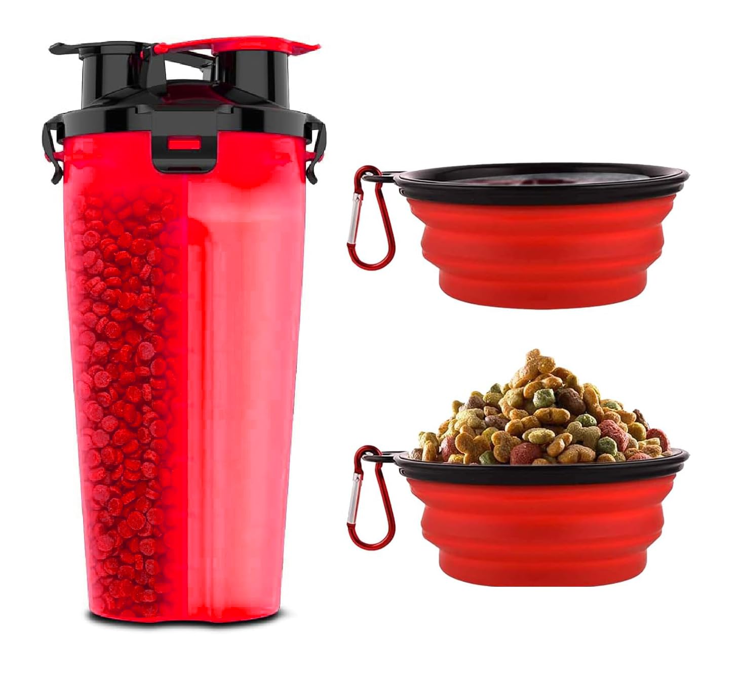 Traveling Tots dog travel water bottle with collapsible bowls in red for on-the-go hydration.