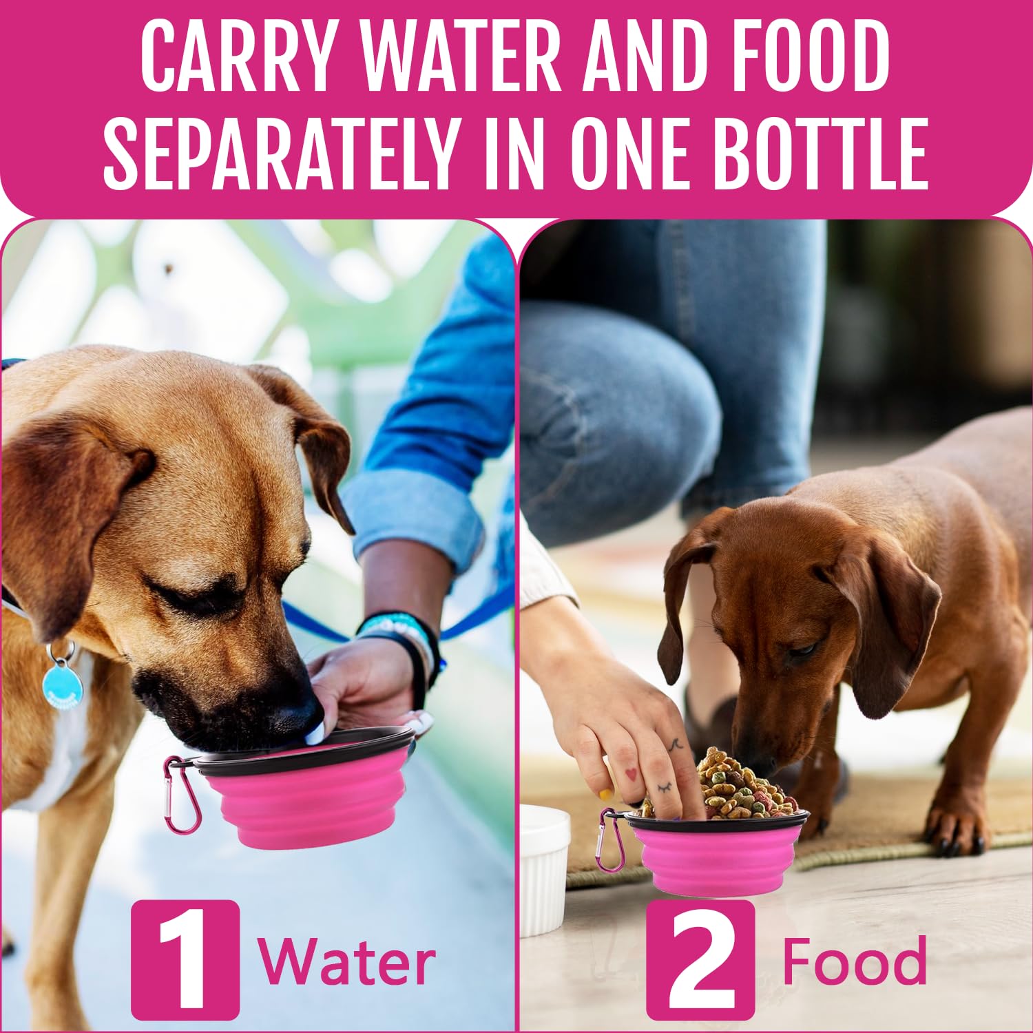 Traveling Tots pink dog bottle no-spill design keeps contents separate