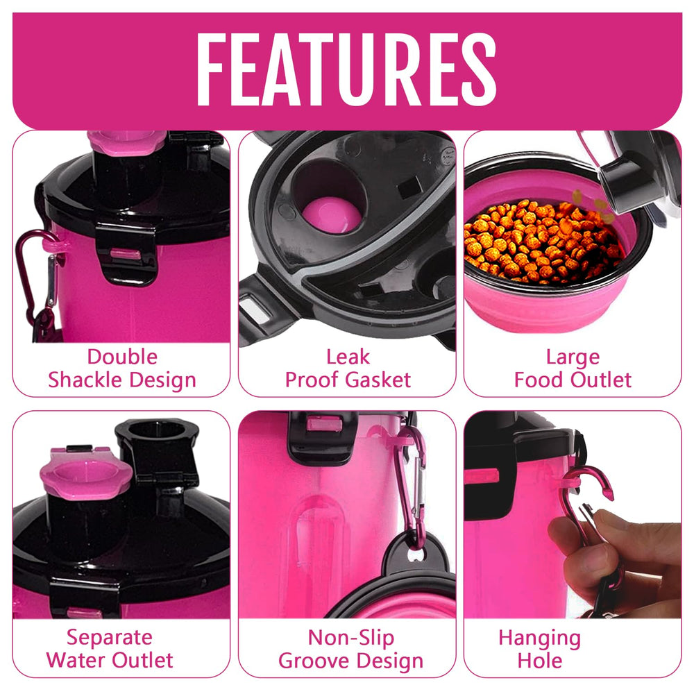 Traveling Tots pink bottle with collapsible bowls for easy feeding during walks