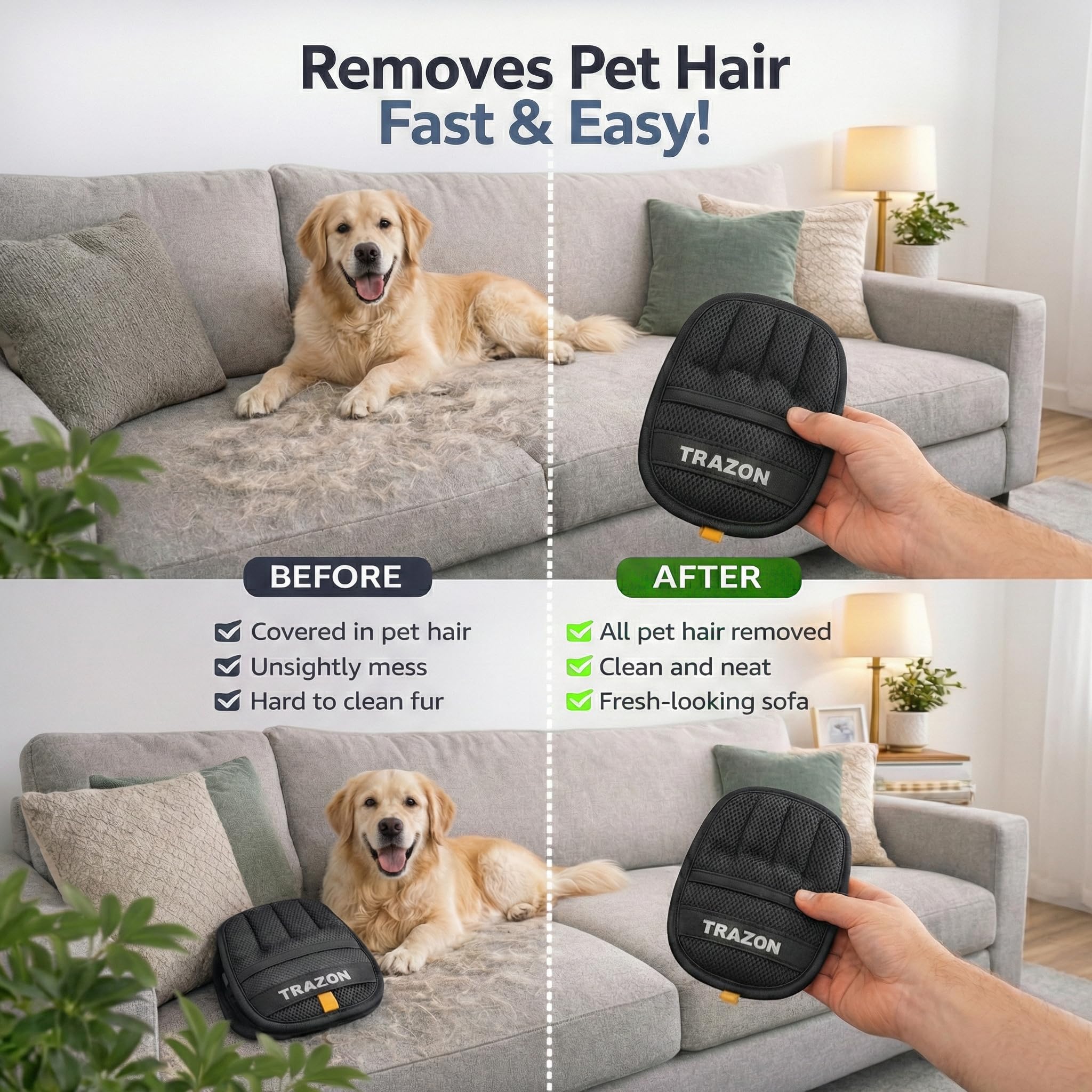 Trazon glove removes hair from jackets and clothing