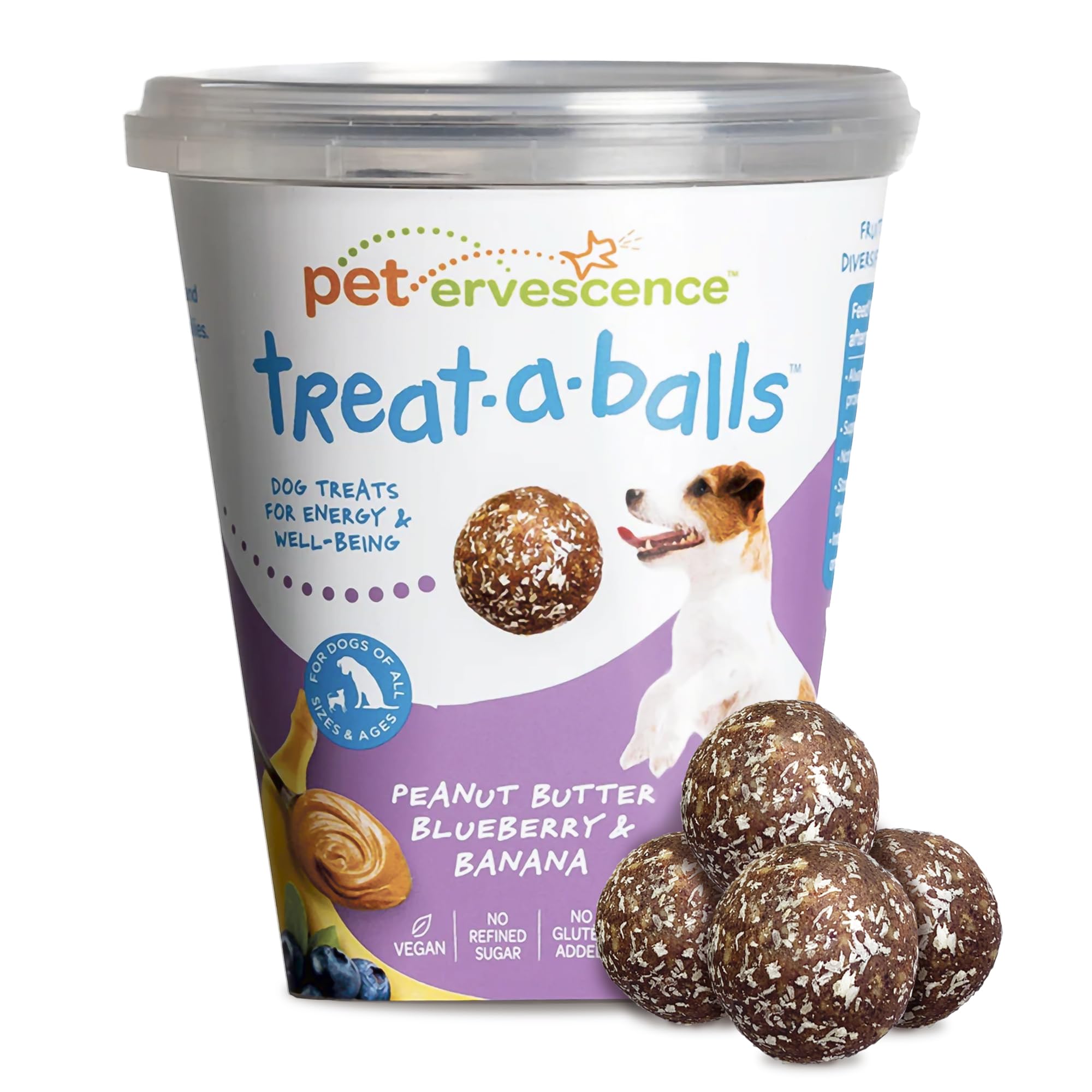 TREAT-A-BALLS peanut butter banana blueberry pack, soft dog treats ideal for training.