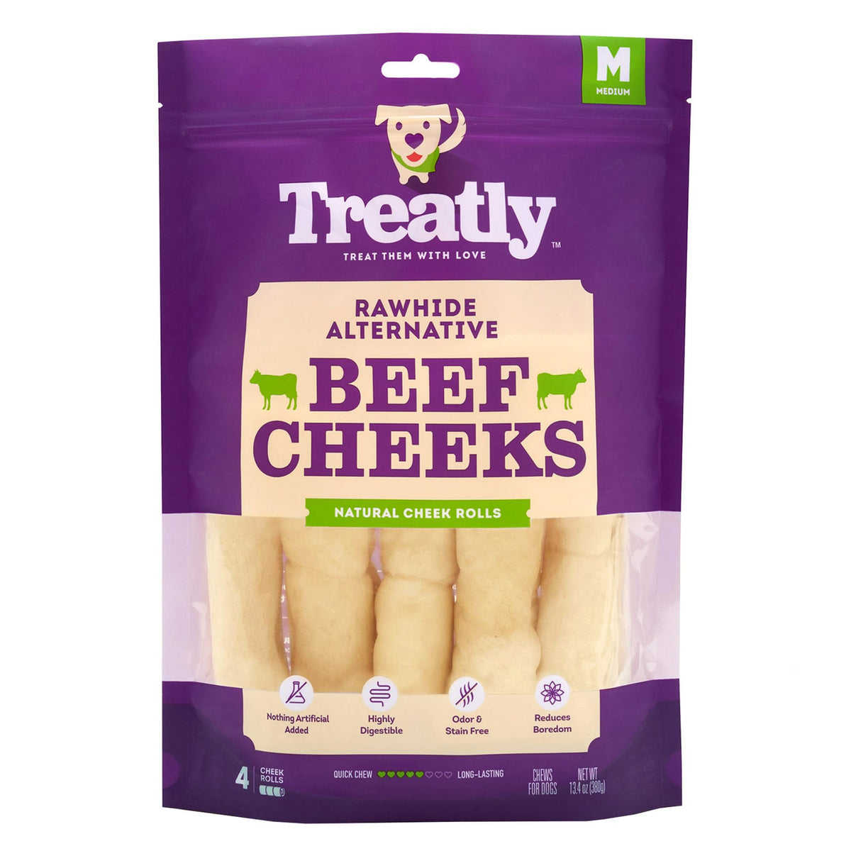 Treatly cowcheek rolls 4-inch pack: durable chew for medium to large dogs.
