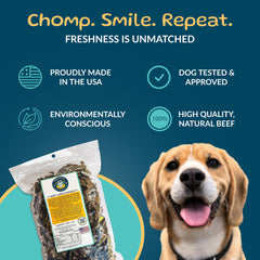 TREATOPIA Beef Lung Nuggies bag closeup highlights single-ingredient protein.