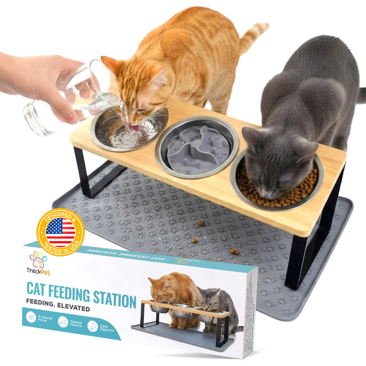 TRECKPET 3-bowl elevated feeding station boosts posture for easier, calmer mealtime.