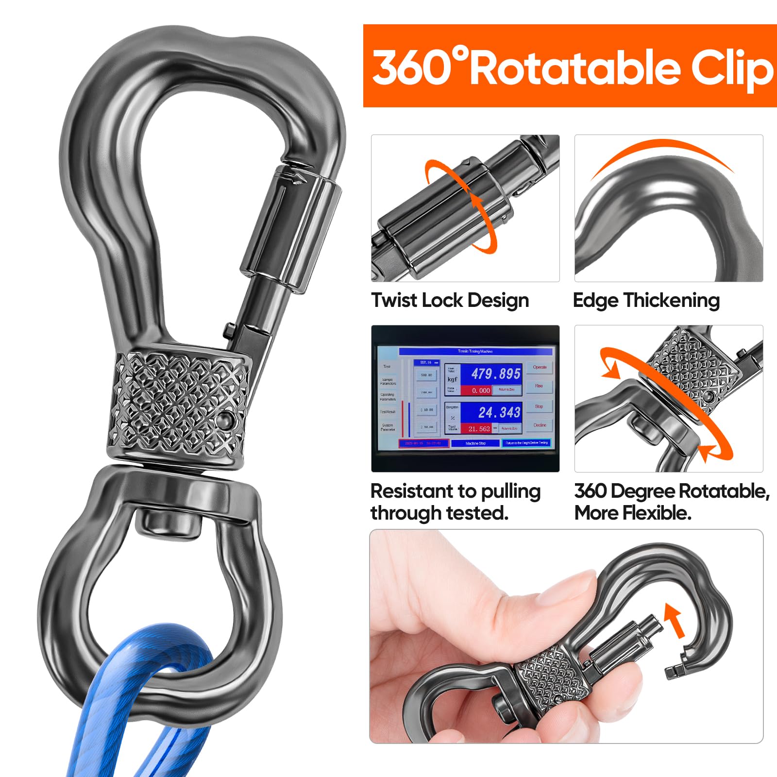 Tresbro tie out cable clasp closeup, dual rotatable buckles for secure attachment.