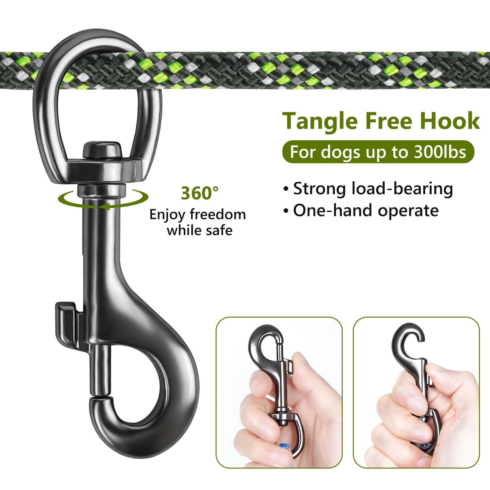 Tresbro dog camping leash 75ft deployed between trees for relaxed outdoor roaming.