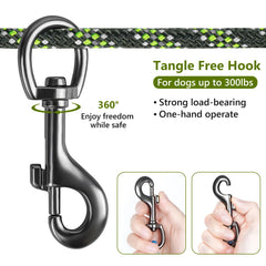 Tresbro dog camping leash 75ft deployed between trees for relaxed outdoor roaming.