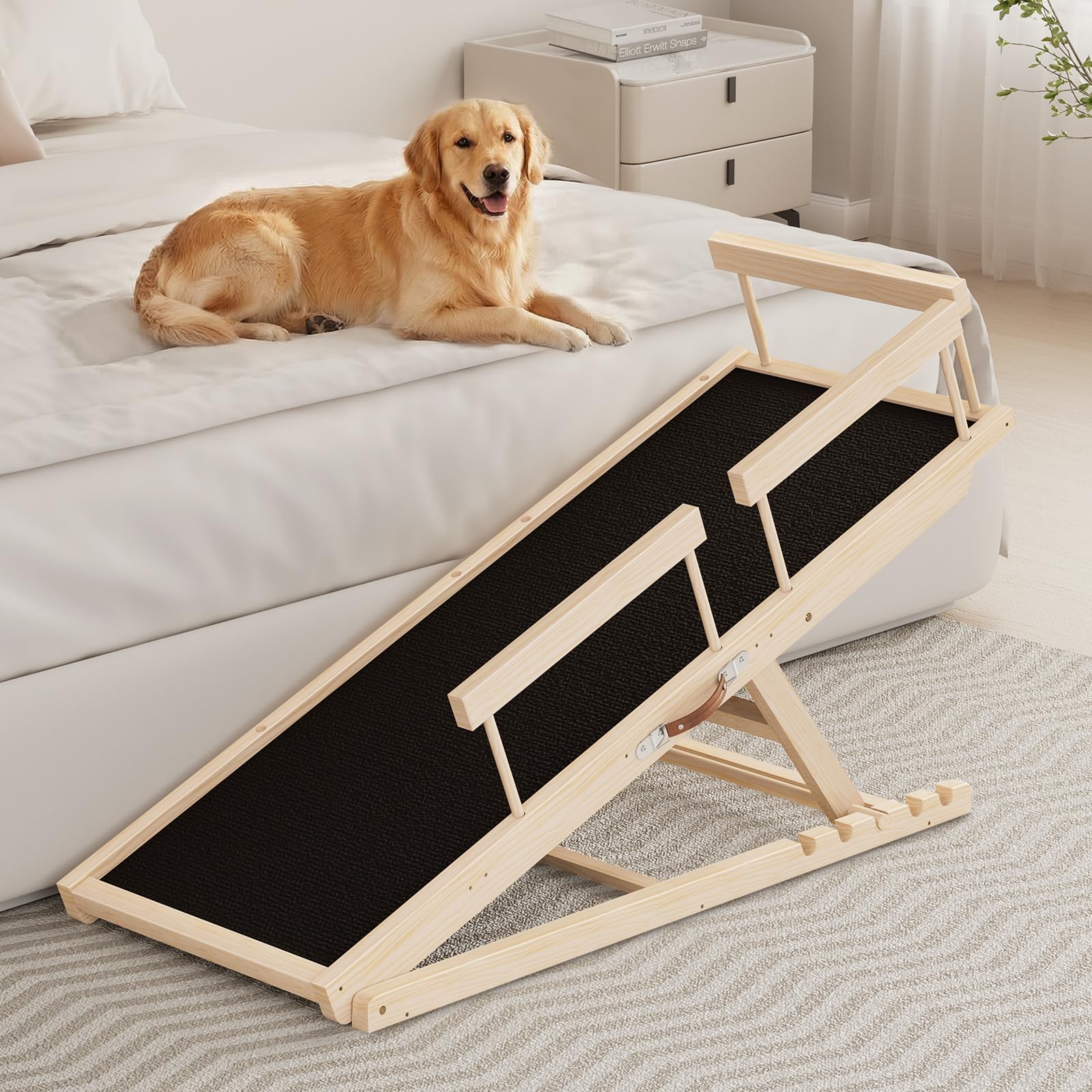 Tresbro dog ramp 55-11 inch length enables easy bed access for dogs.