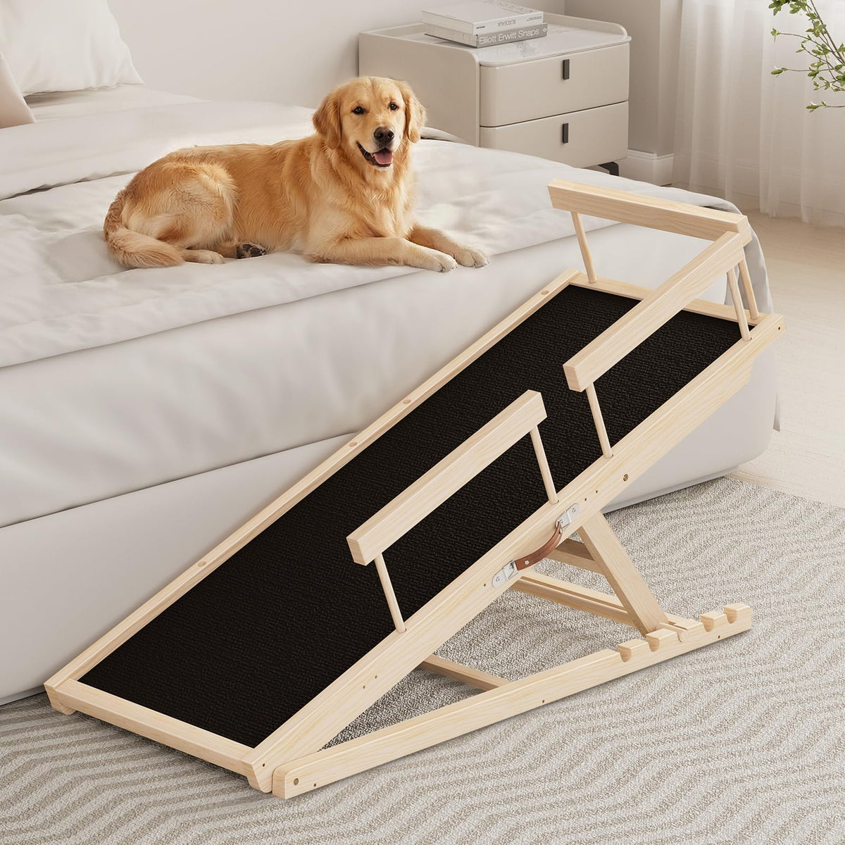 Tresbro dog ramp 55-11 inch length enables easy bed access for dogs.