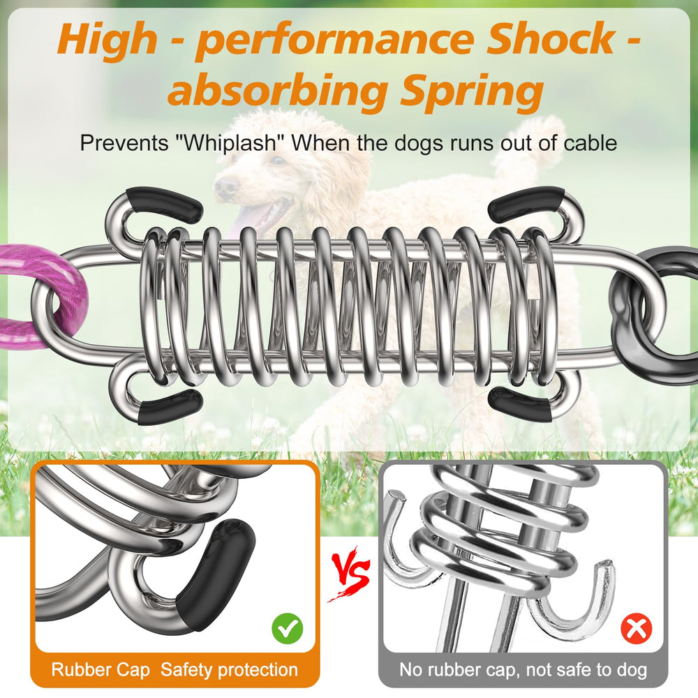Tresbro dog tie out spring close-up showing shock-absorbing mechanism.