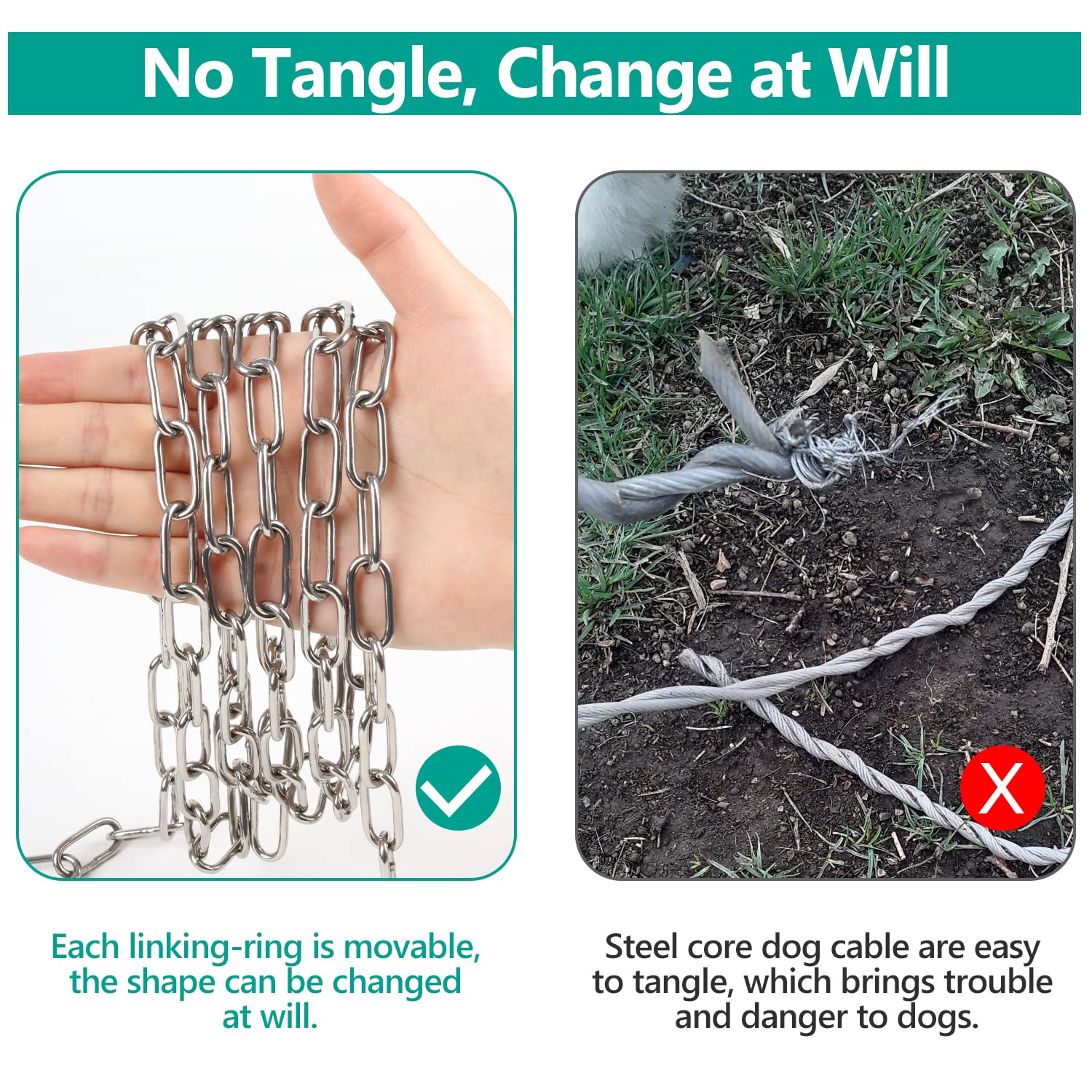 Tresbro easy-to-store tie-out chain unclips and stores without tangling.
