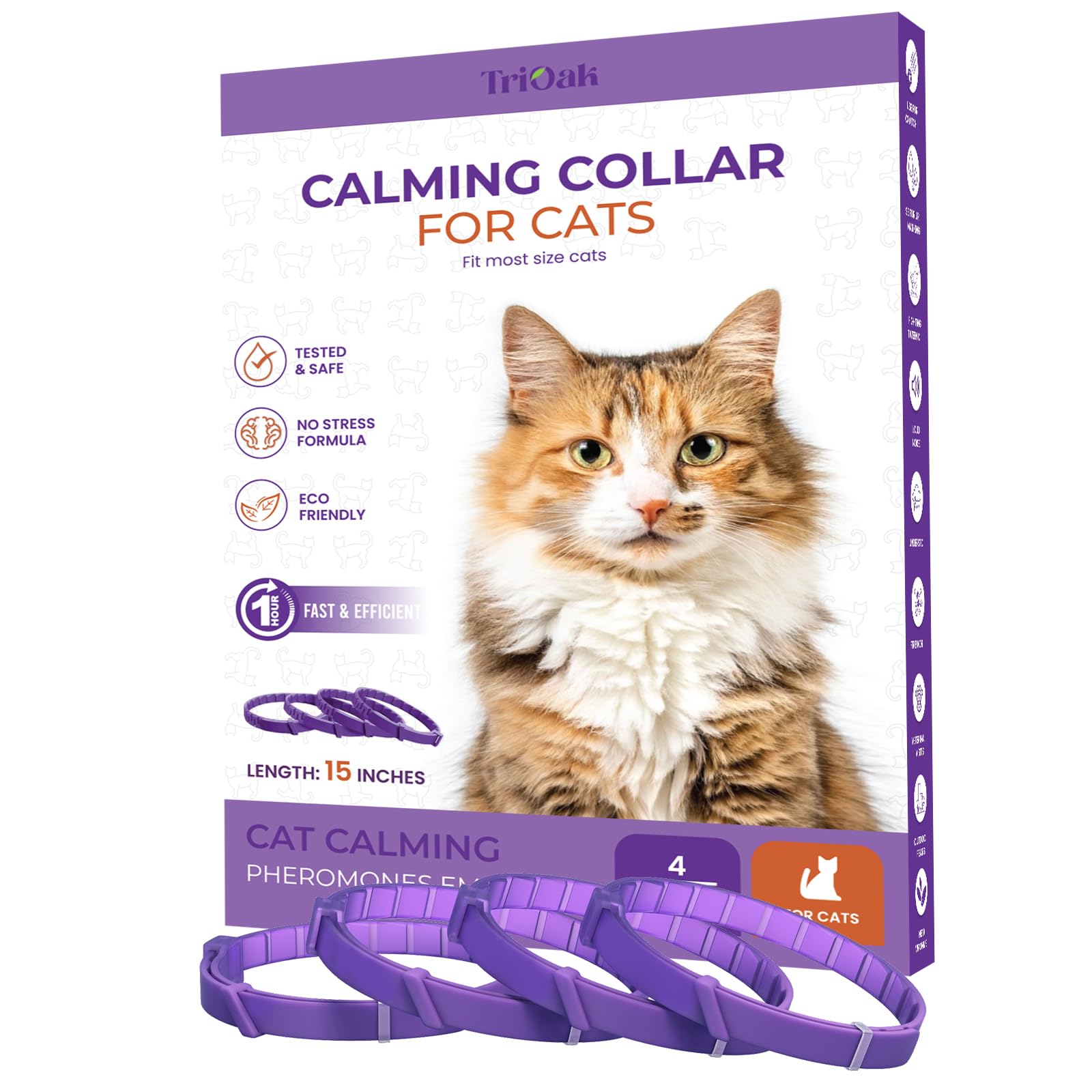 TriOak calming collars four-pack box ready for multi-cat homes.