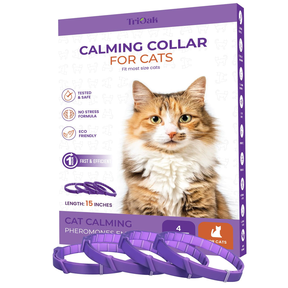 TriOak calming collars four-pack box ready for multi-cat homes.