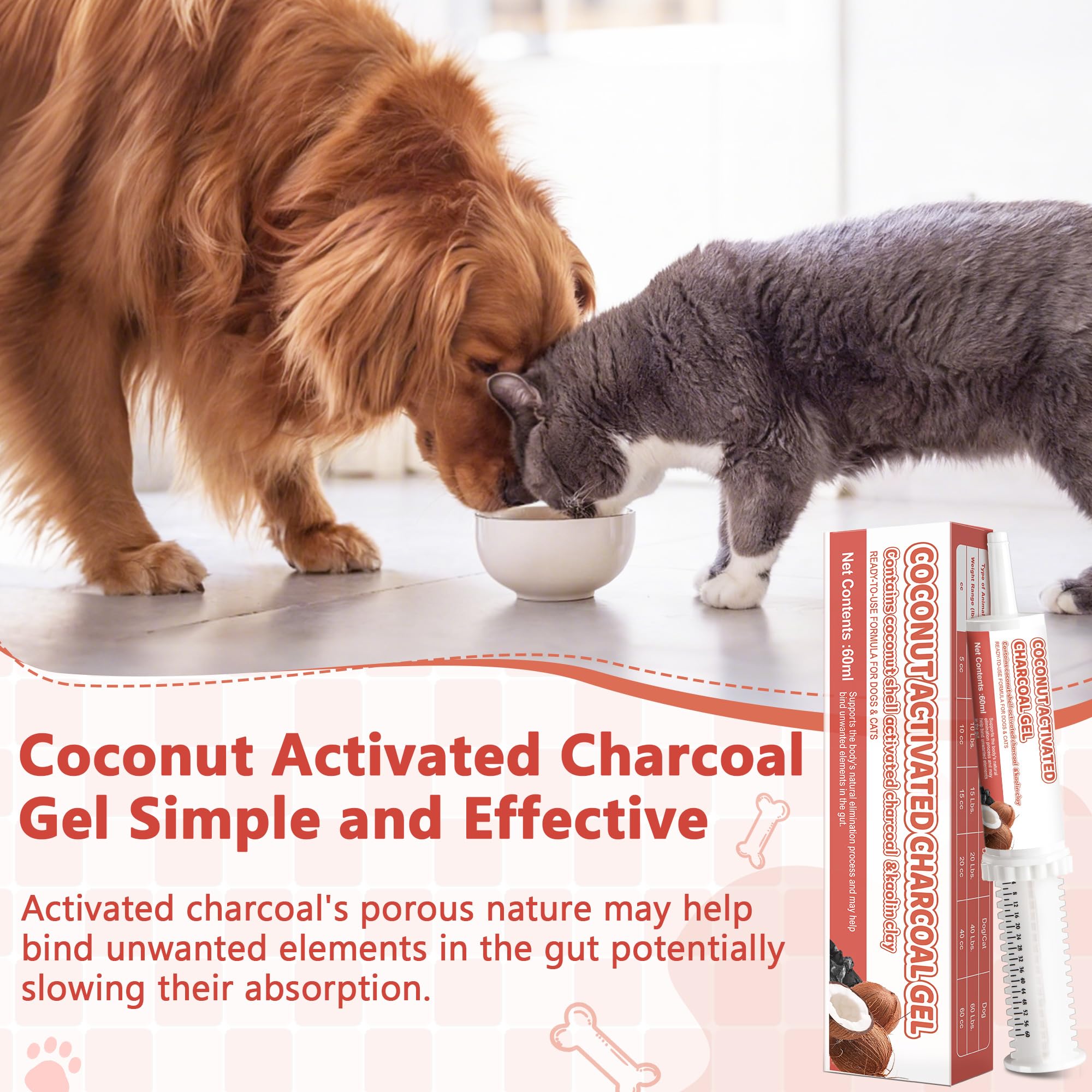 Trihood charcoal-kaolin blend shown as simple ingredients for pet care.