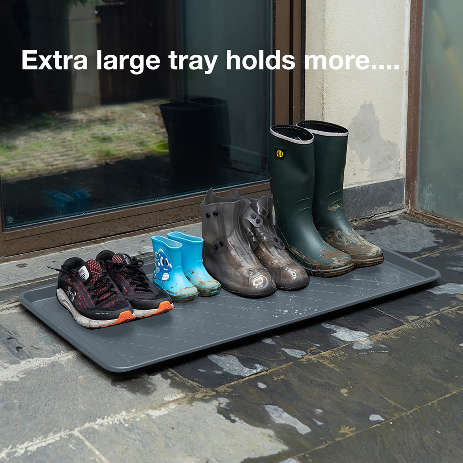 Trimate boot tray with raised edge catches spills and dries boots faster.