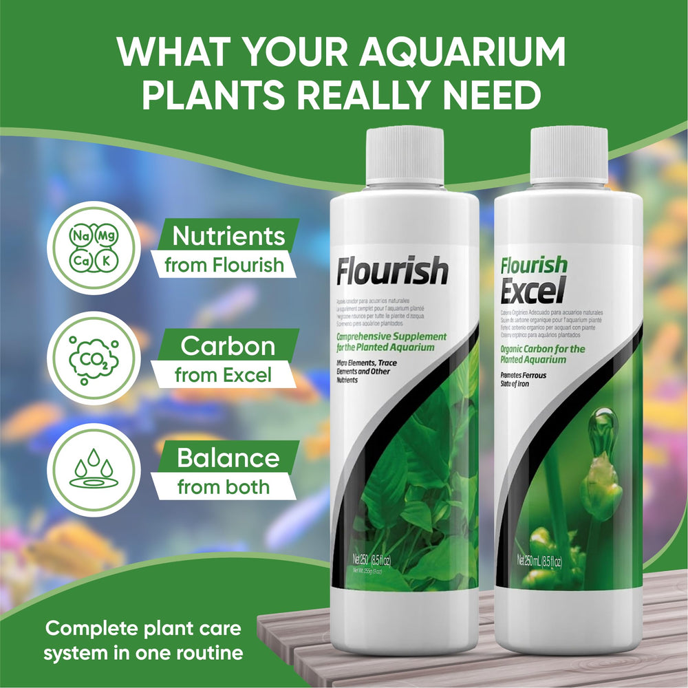 Flourish Excel Organic Carbon 250ml bottle supports organic carbon availability for plants.