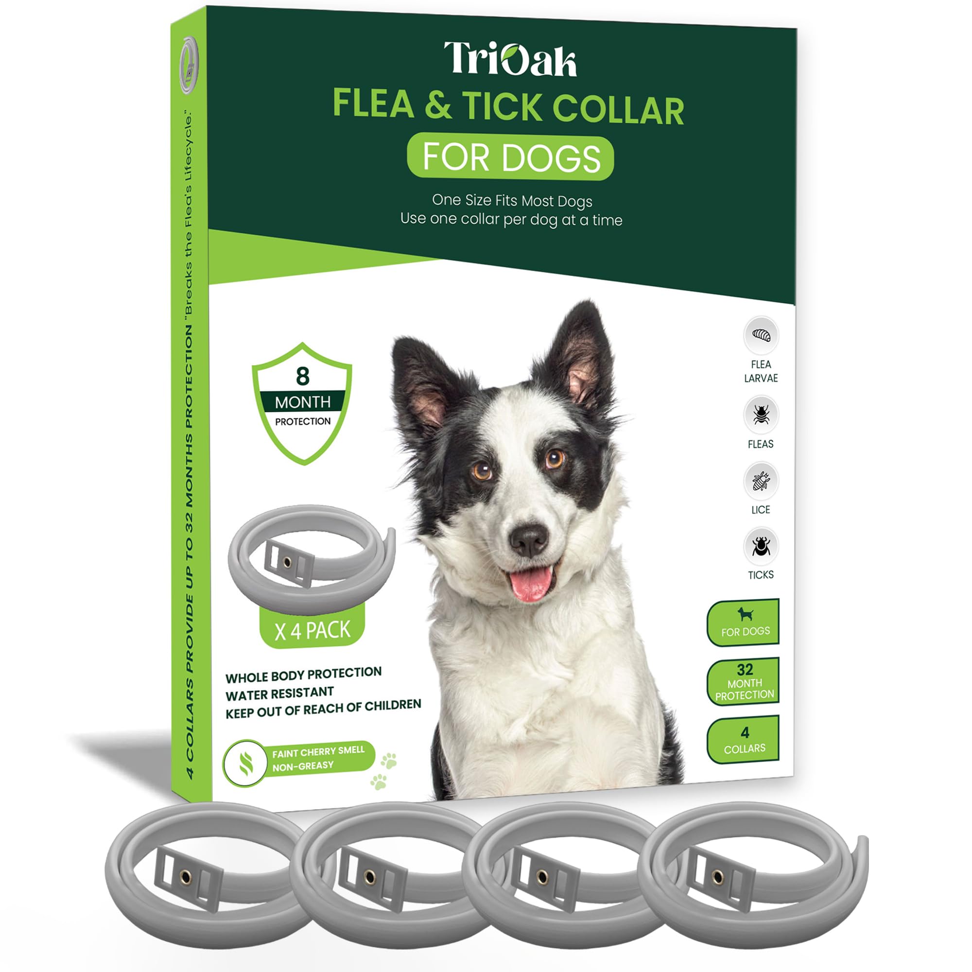 TriOak gray adjustable flea collar on a dog for a secure, all-size fit.