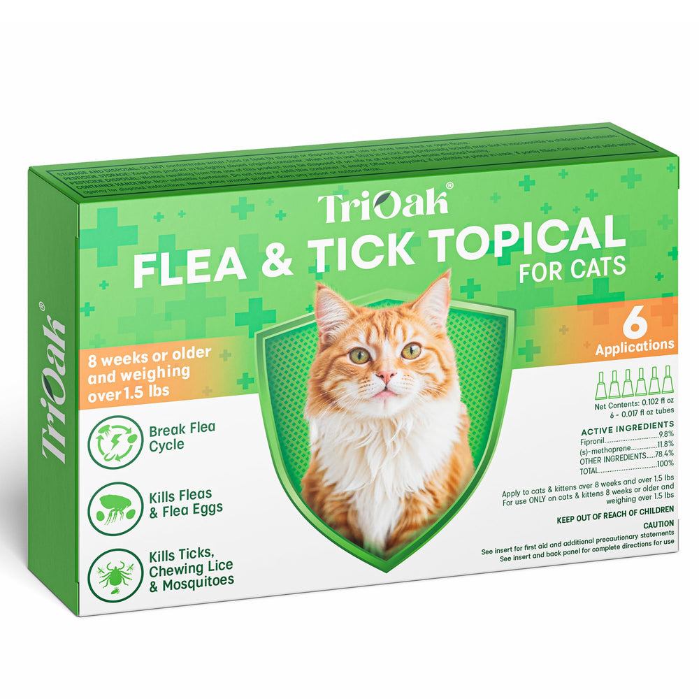 TriOak flea and tick topical cat bottle closeup showing dosing readiness