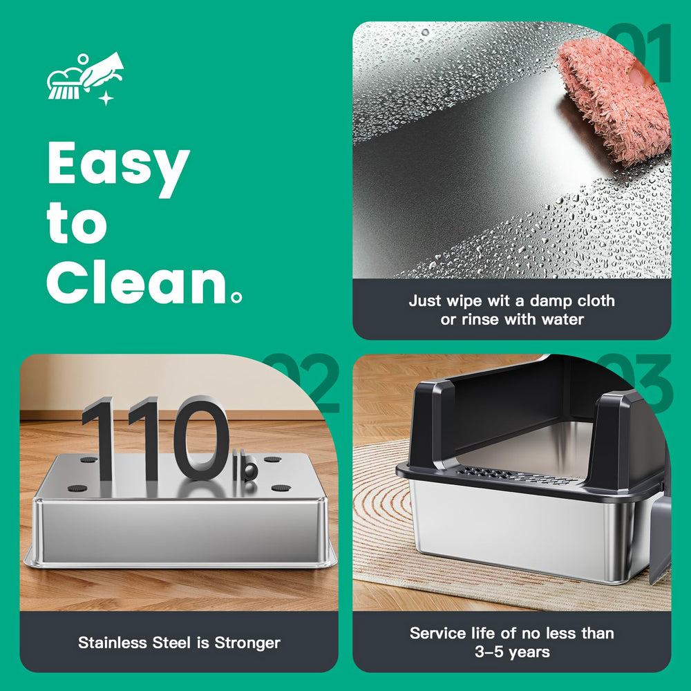 Tripamin stainless steel litter box, easy to clean with simple wipe-down or rinse.