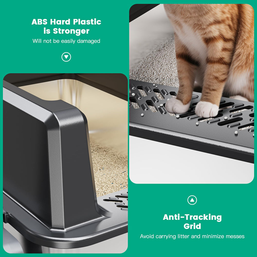 Tripamin top-entry litter pan with lid supports tidy, private access for cats.
