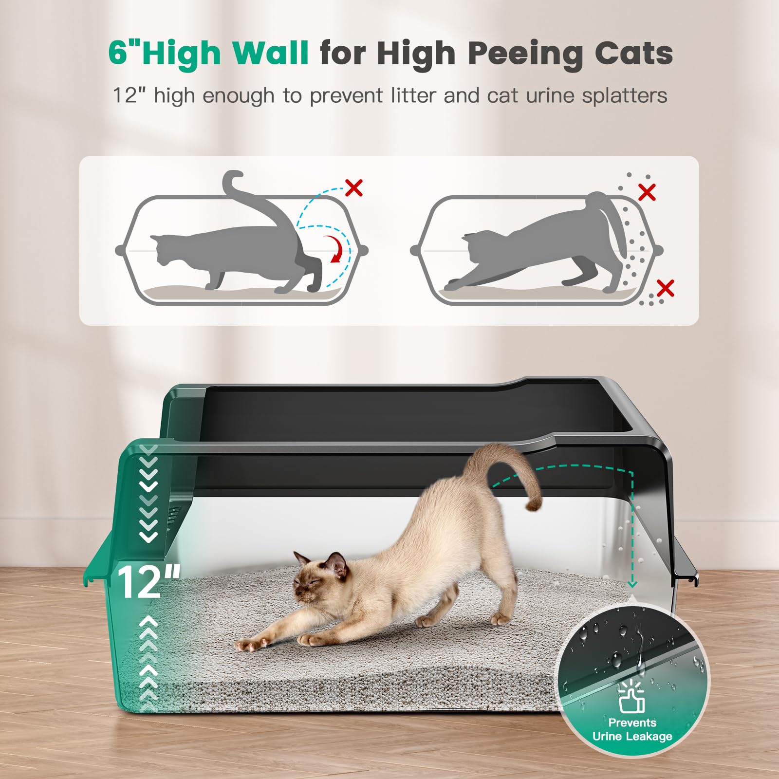 Tripamin XXL stainless steel litter box with high sides, helps prevent spray and mess.