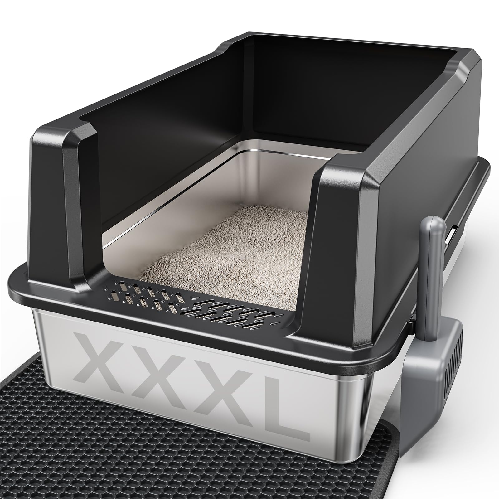 Tripamin XXL stainless steel litter box top view, spacious for large cats and multi-cat households.