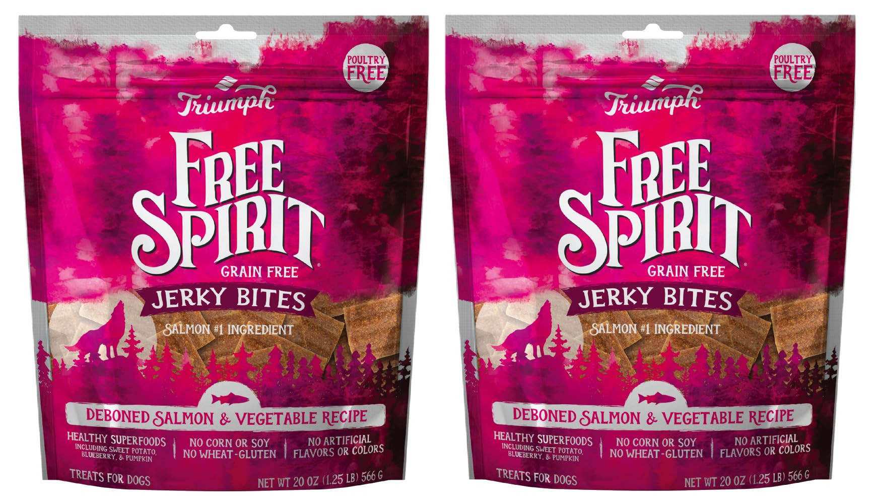 Triumph Free Spirit salmon bites pack shot highlighting grain-free treats for daily rewards