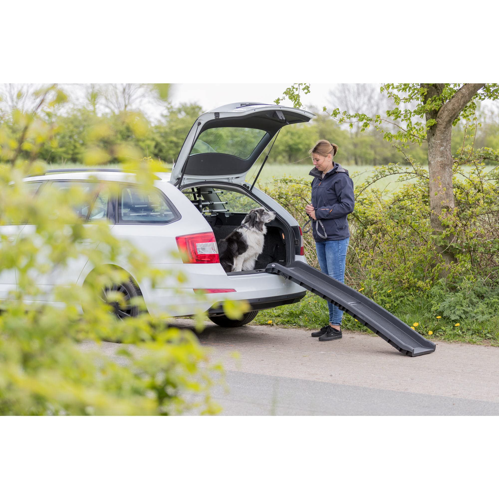 TRIXIE folded dog ramp stored compactly in car trunk.