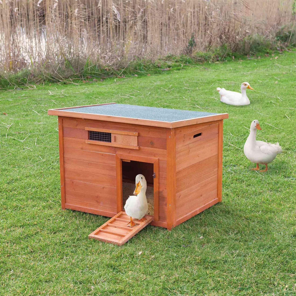 TRIXIE Natura duck coop front view brown shows easy access with fold-down ramp.