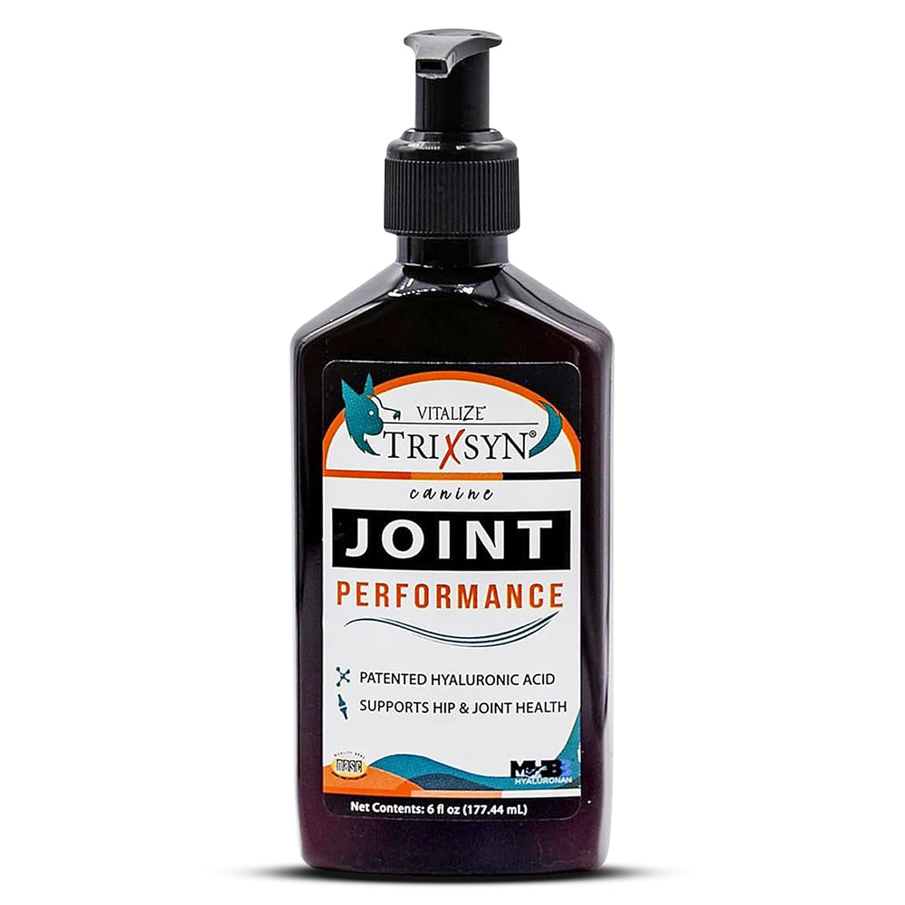 TRIXSYN hyaluronic acid bottle poured into dog food for easy daily use
