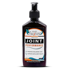 TRIXSYN hyaluronic acid bottle poured into dog food for easy daily use