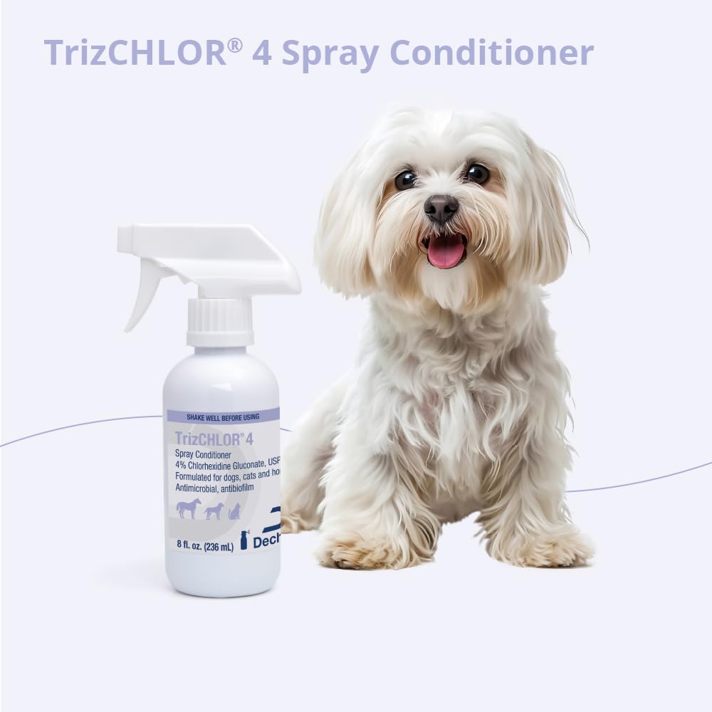 TrizCHLOR 4 spray conditioner being used on cats during brushing.
