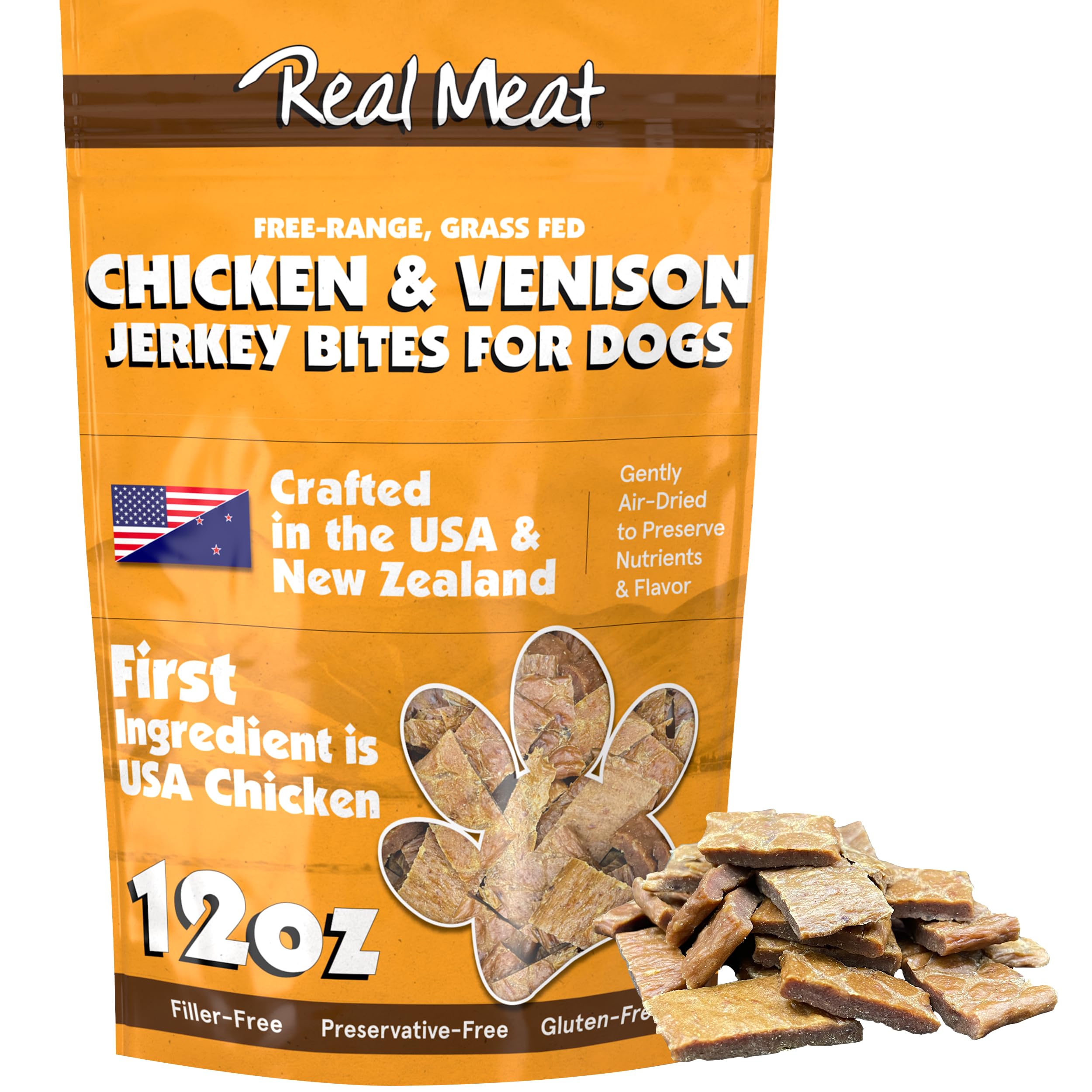 TRMC bite-sized venison and chicken jerky for dogs, ideal training rewards.