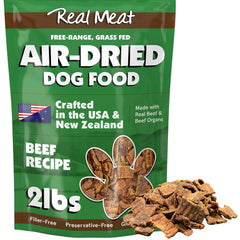 TRMC Real Meat air-dried dog food beef bites, high-protein meal option for dogs.