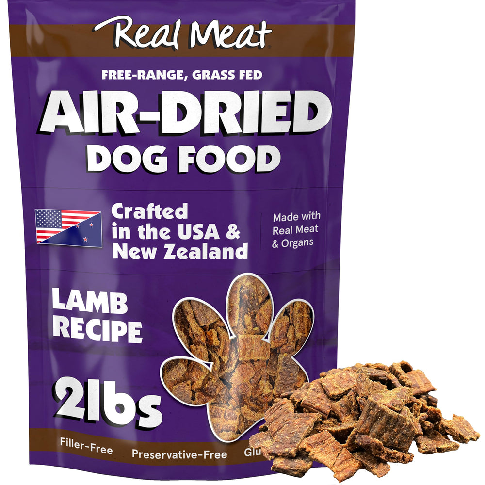 TRMC Real Meat air-dried dog food in a bowl featuring lamb, offering a savory, high-protein meal.