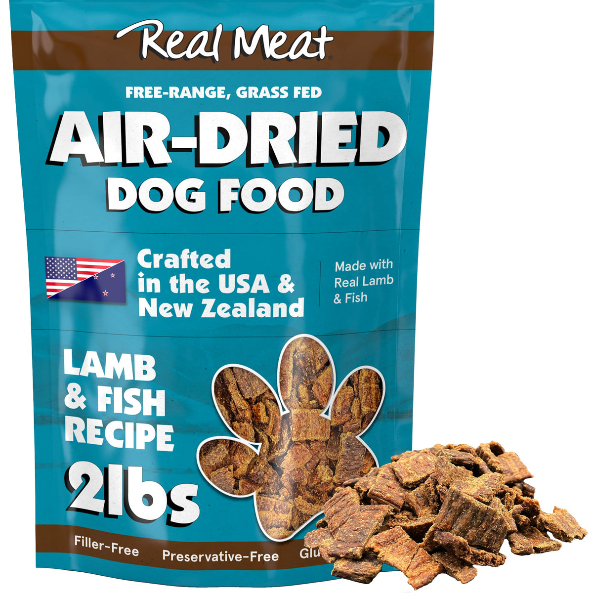 TRMC Real Meat air-dried dog food bag with lamb and fish, grain-free.