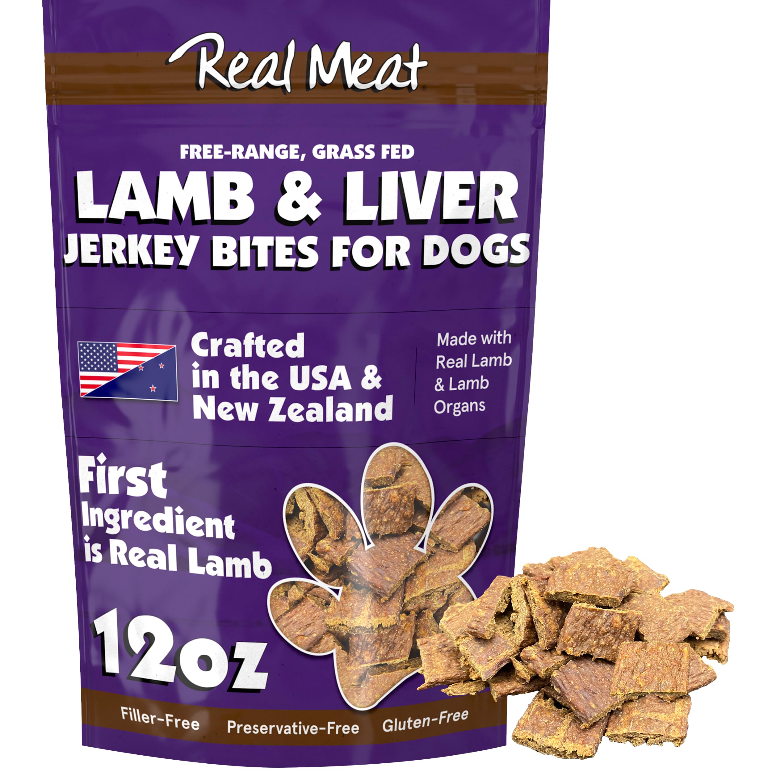 TRMC Real Meat Dog Treats 12oz pack: premium lamb-liver jerky for tasty rewards.