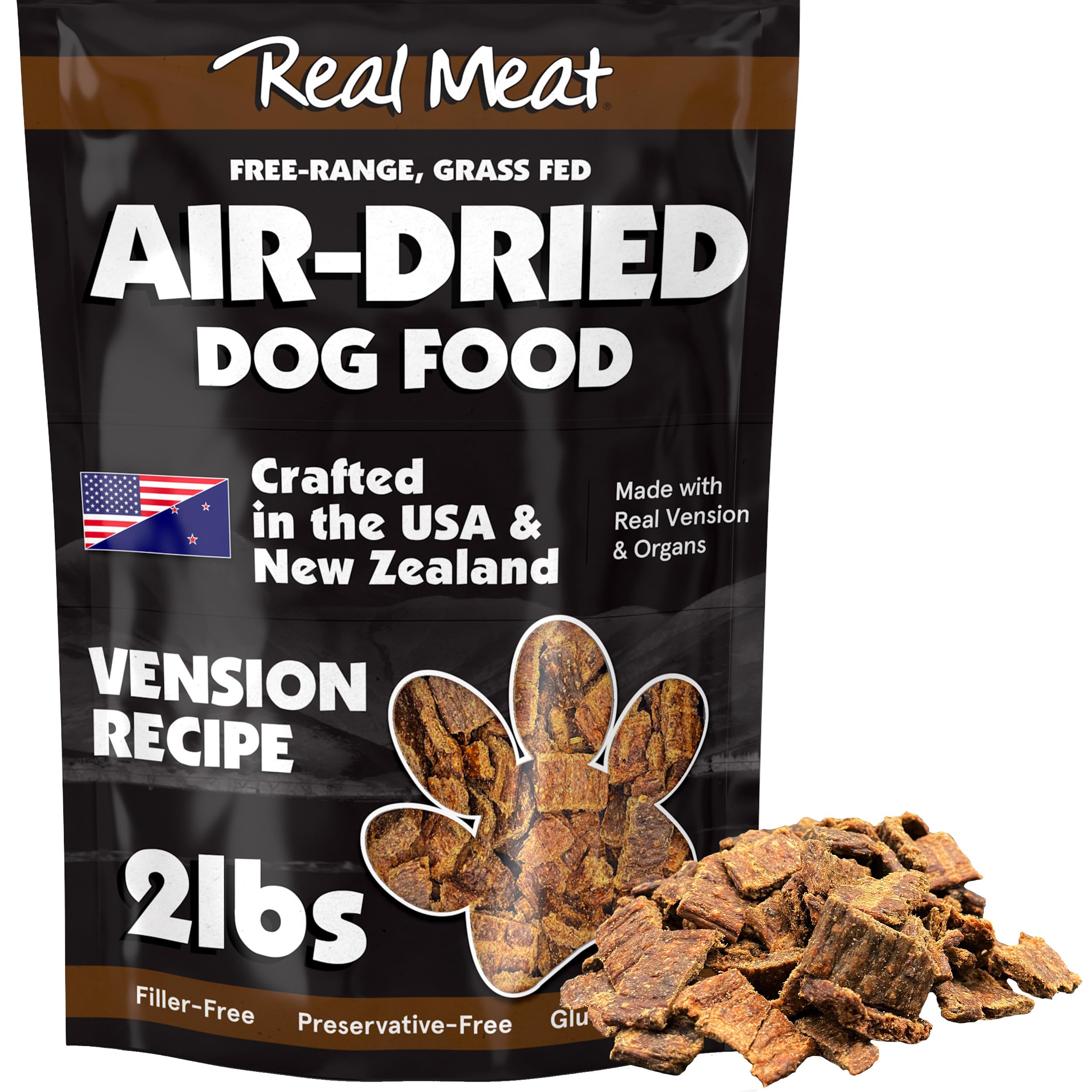 TRMC venison air-dried dog food bites showing high protein for active dogs.