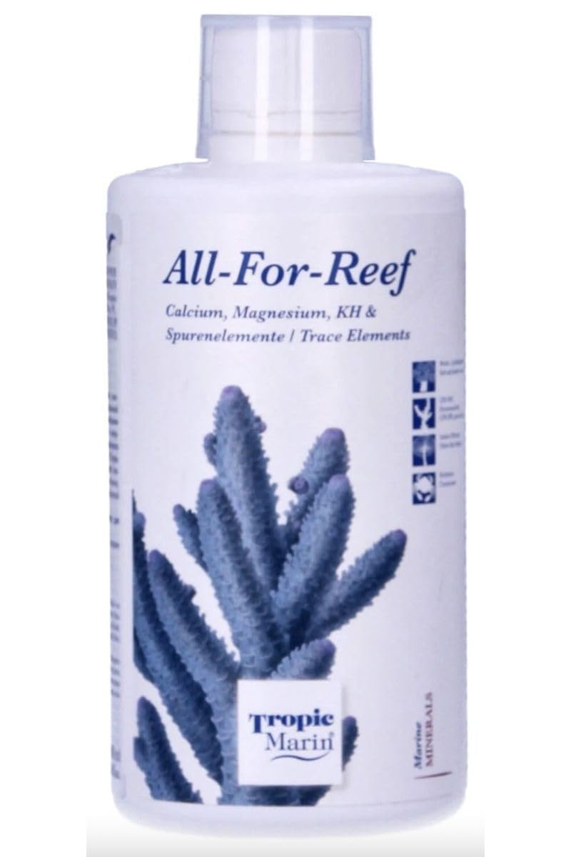Tropic Marin All-For-Reef Liquid bottle supports coral growth with balanced calcium, alkalinity, and trace elements.