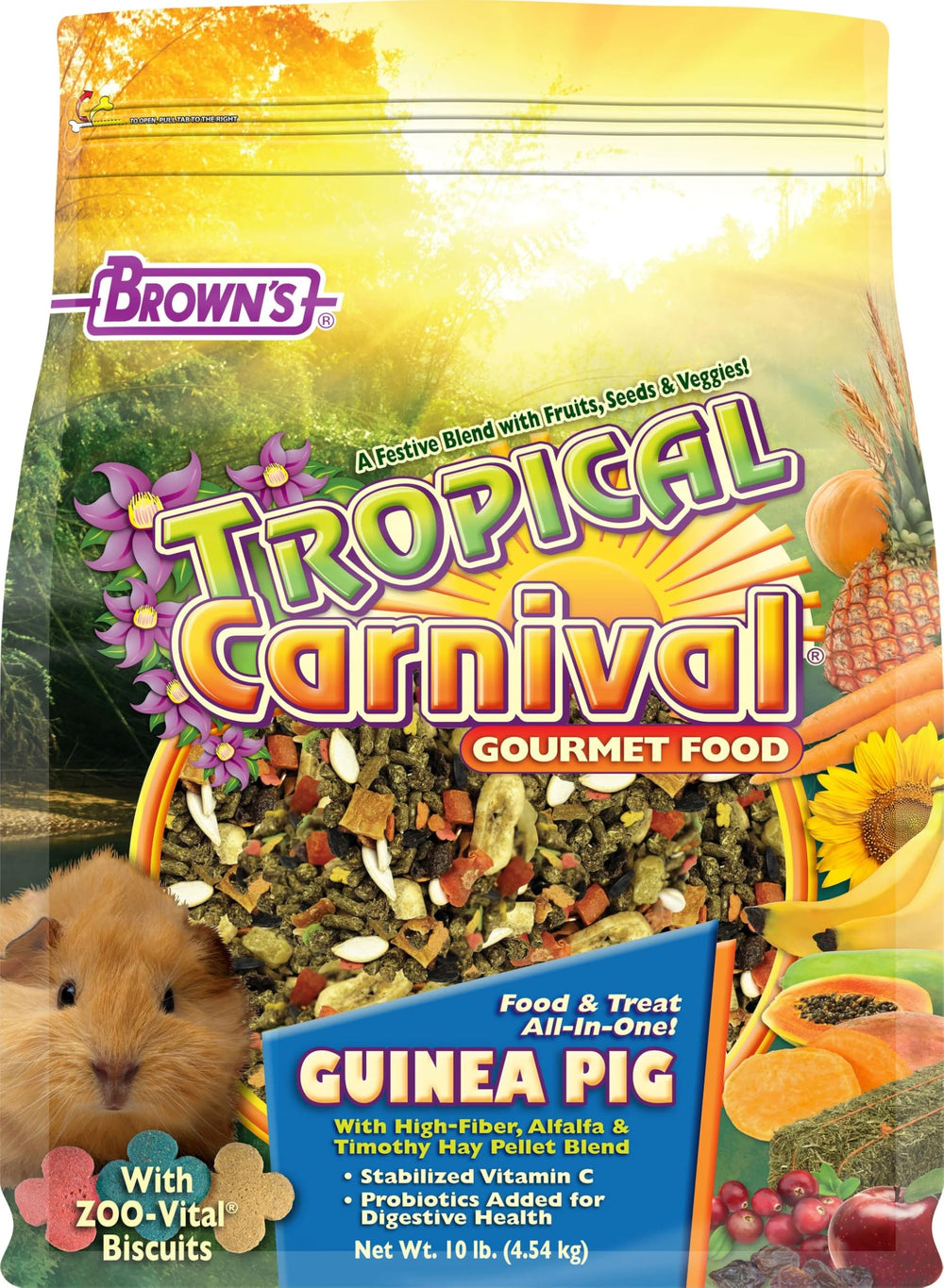 Tropical Carnival guinea pig food with alfalfa and timothy pellets supports digestion and overall wellness.