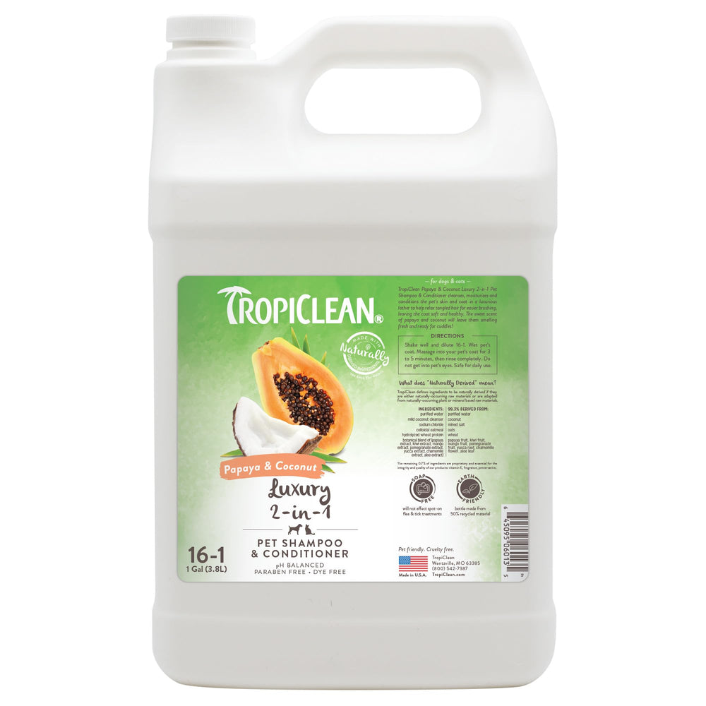 TropiClean 2-in-1 shampoo bottle with papaya scent for a gentle clean