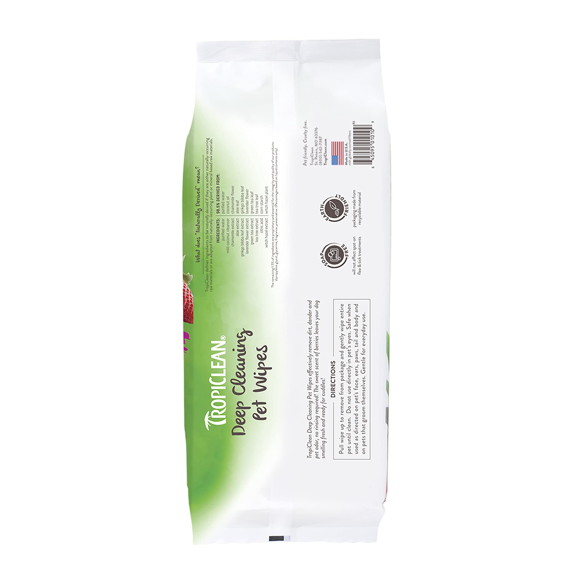 TropiClean logo and packshot show a 100ct wipe roll for quick reference.