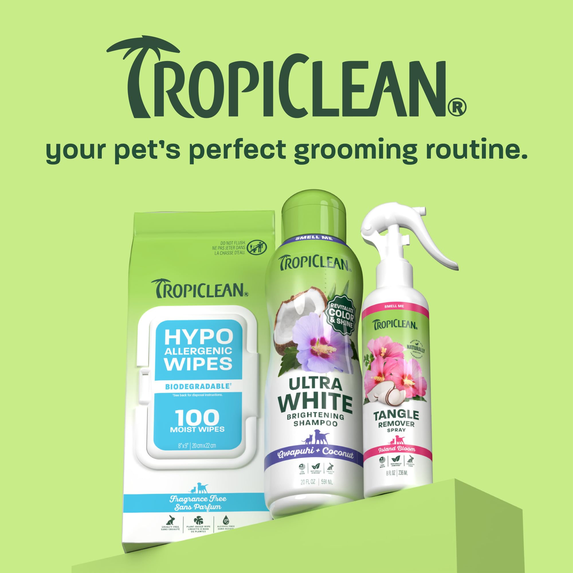 TropiClean cat-friendly label alongside dog shampoo for mixed-pet homes.